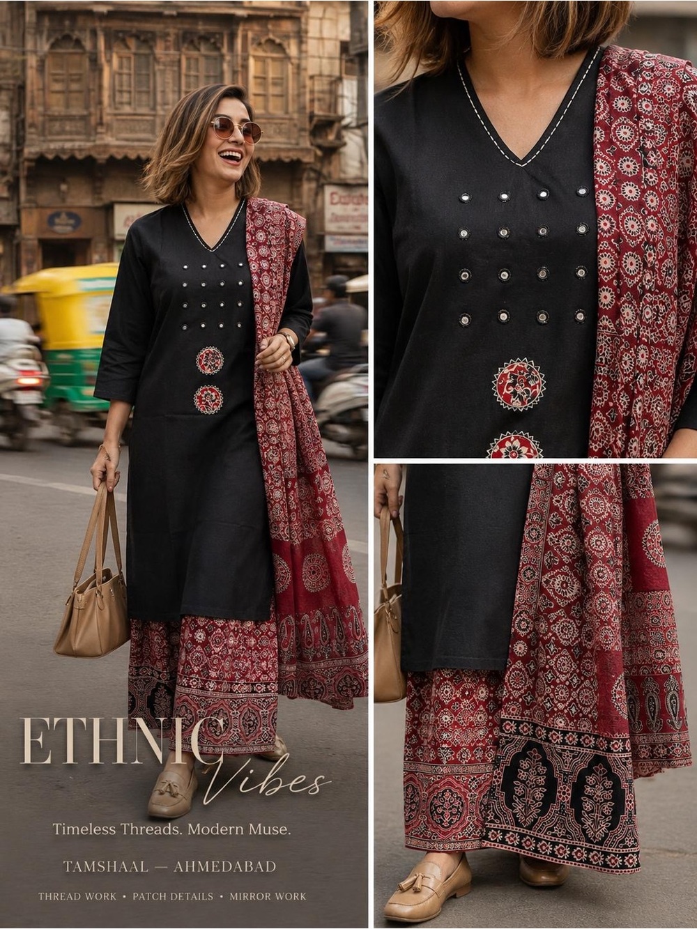 Tamshaai Black Kurta Set with Ajrakh Printed Palazzos and dupatta.